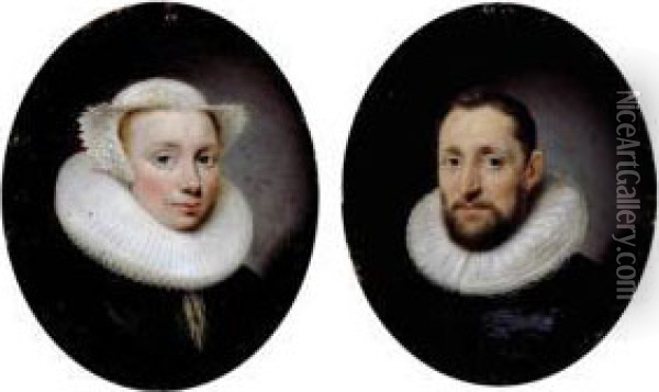 Portrait Of Theoderick Hoste 
(1588-1663), Bust-length, In A Black Doublet With A Lace Ruff; And 
Portrait Of His Wife Jane Hoste (nee Desmaistres 1596-1661), 
Bust-length, In A Black Dress With A Lace Ruff And Bonnet Oil Painting - Cornelius Janssens Van Ceulen