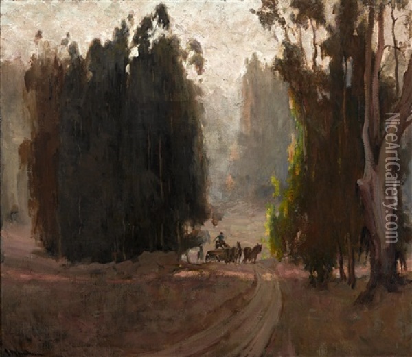 Farmer On Horse Drawn Cart Among Eucalyptus Oil Painting - Jean Mannheim
