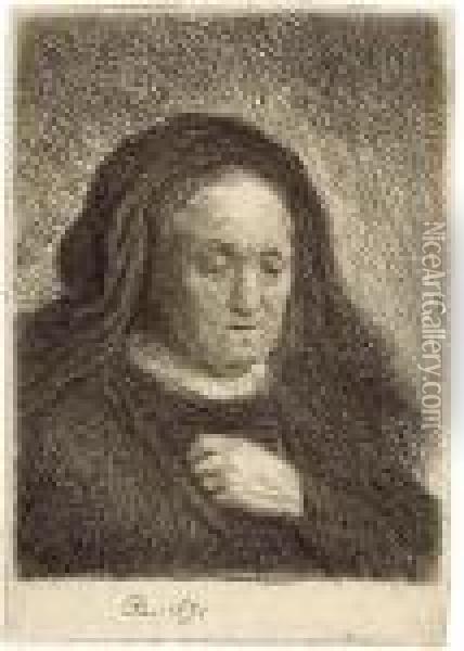 The Artist's Mother With Her Hand On Her Chest: Small Bust Oil Painting - Rembrandt Van Rijn