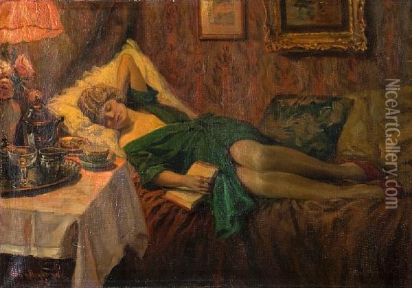 Reclining Woman Reading Oil Painting - Ernest De Nagy