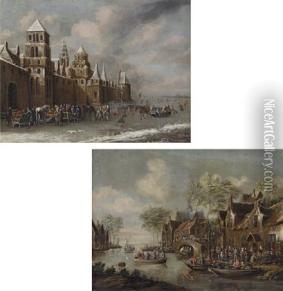 Winter - Figures Skating On A Frozen River By A Castle (+ Spring - Figures Playing On A River; Pair) Oil Painting - Thomas Heeremans