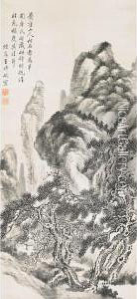 Mountain Landscape And Pine Trees Oil Painting - Wang Shimin