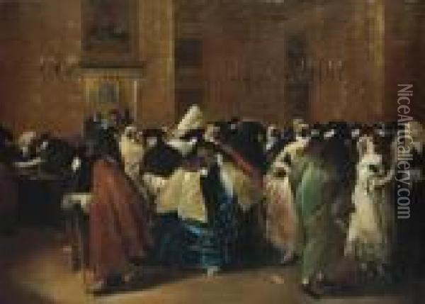 The Ridotto In Venice With Masked Figures Conversing Oil Painting - Francesco Guardi