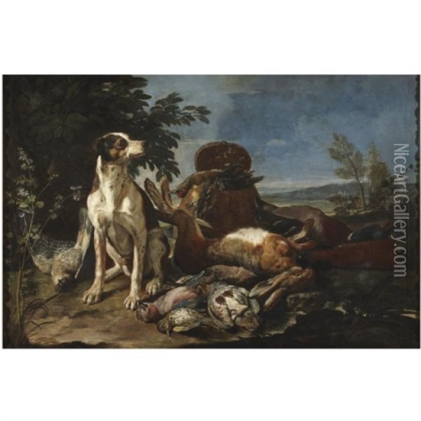 A Hunting Still Life With A Hound Seated Beside Dead Game, An Extensive Landscape Beyond Oil Painting - David de Coninck