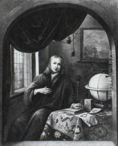 A Portrait Of A Geographer In His Study Oil Painting - Michiel van Musscher