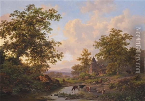 A Sunlit River Landscape With Shepherds Resting Near A Stream Oil Painting - Frederik Marinus Kruseman
