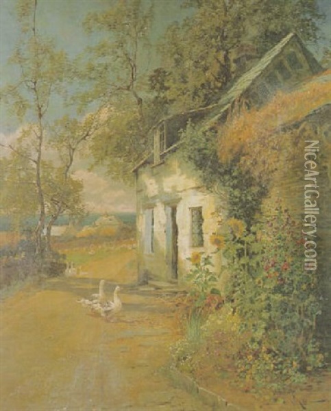 Geese On A Country Lane Oil Painting - Arthur William Redgate