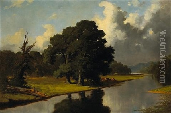 A River Landscape With Cattle Resting Under A Tree Oil Painting - Frederick S. Batcheller
