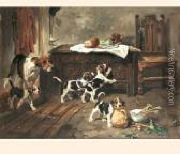 A Hound And Puppies In An Interior Oil Painting - John Emms