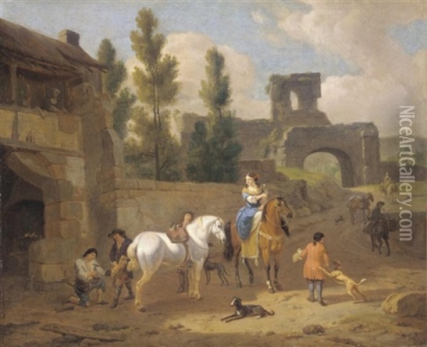 An Italianate Landscape With Elegant Figures Outside A Blackmith's Forge Oil Painting - Dirk Maes