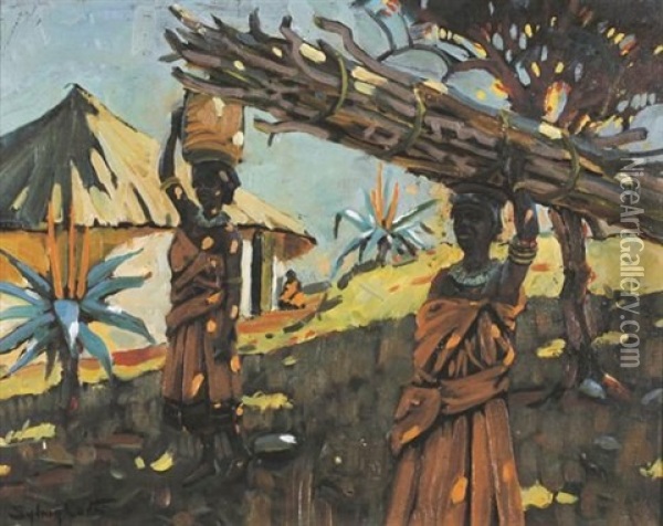 Women Outside A Hut, Eastern Cape Oil Painting - Sydney Carter