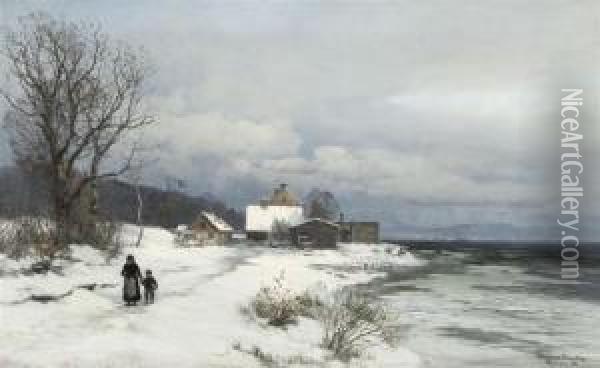 Seascape In Winter With Two Figures Oil Painting - Anders Anderson-Lundby