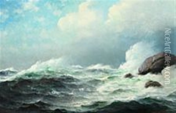 Coasatl Scenery With Waves Against The Rocks Oil Painting - Lauritz Haaland