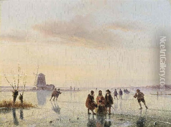A Winter Landscape With Figures On The Ice Oil Painting - Nicolaas Johannes Roosenboom