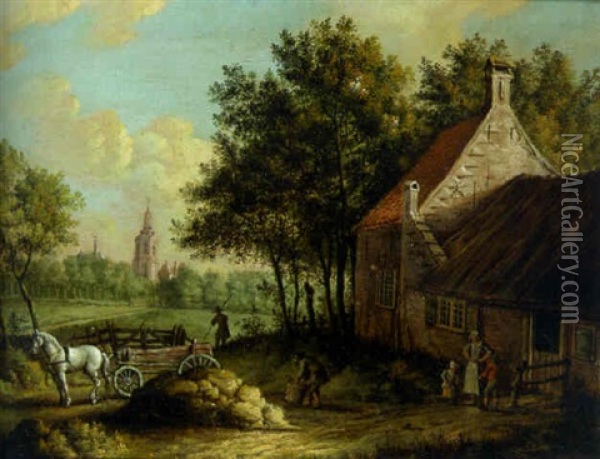 Peasants Loading Hay Onto A Wagon By A Farm, A Village Beyond Oil Painting - Paulus Constantijn la (La Fargue) Fargue