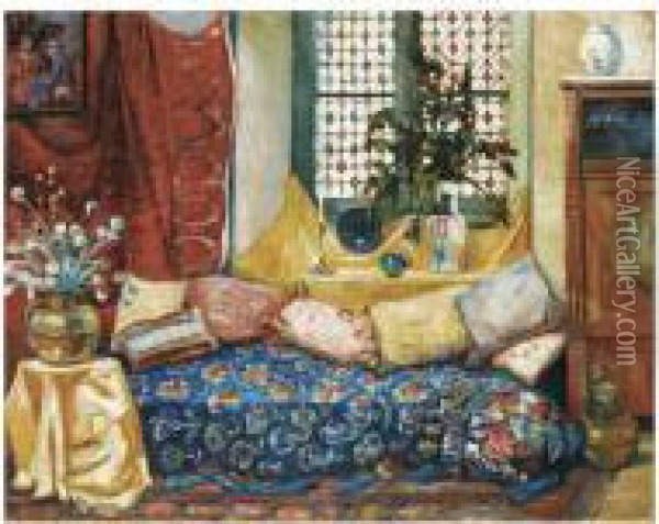 Interieur Au Divan Bleu Et Aux Coussins Oil Painting - Alexander Altmann