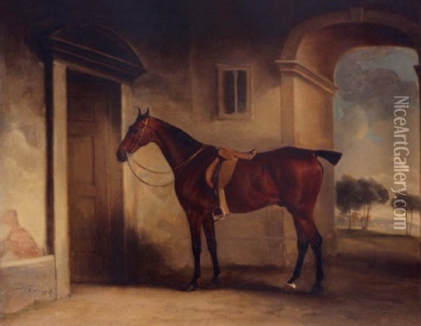 A Saddled Bay Hunter In A Stableyard Oil Painting - John E. Ferneley