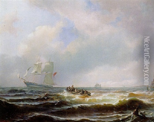 Sailors In A Rowing Boat Approaching A Clipper On A Choppy Sea Oil Painting - Wilhelm August Leopold Christian Krause