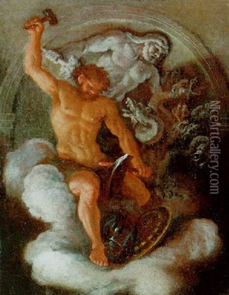 Vulcan At His Forge Before A Bas-relief Of Hercules And The Lernean Hydra Oil Painting - Filippo Lauri