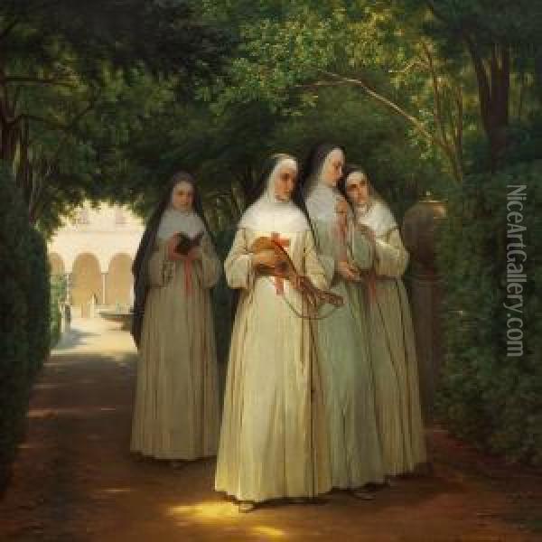 Nuns Walking In A Cloister Garden In Rome Oil Painting - Jorgen Sonne