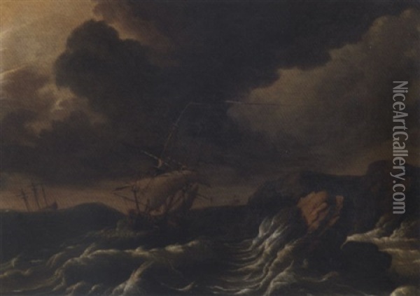 Dutch Three-masters Off A Rocky Coast In A Gale Oil Painting - Ludolf Backhuysen the Elder