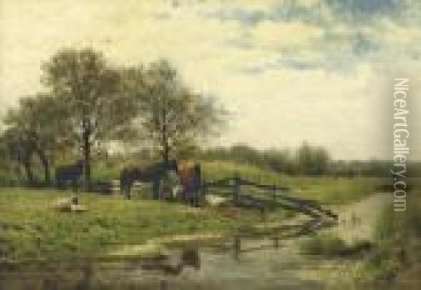 A Riverside Meadow Oil Painting - Julius Jacobus Van De Sande Bakhuyzen