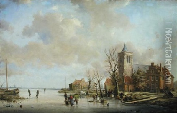Villagers Carting Firewood On A Frozen River, A Church Beyond Oil Painting - A. de Groote