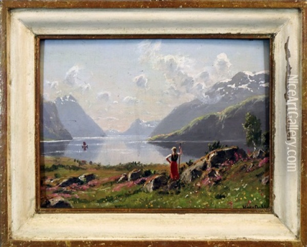 Junge Bauerin In Sommerlicher Fjordlandschaft Oil Painting - Hans Dahl