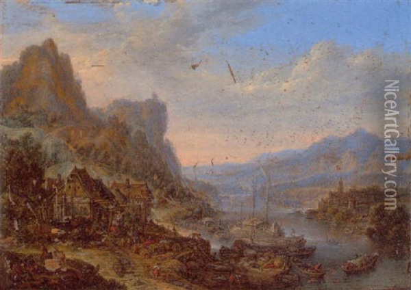 Flusslandschaft Mit Beladenen Schiffen Und Booten, Links Auf Einer Anhohe Hauser Oil Painting - Herman Saftleven