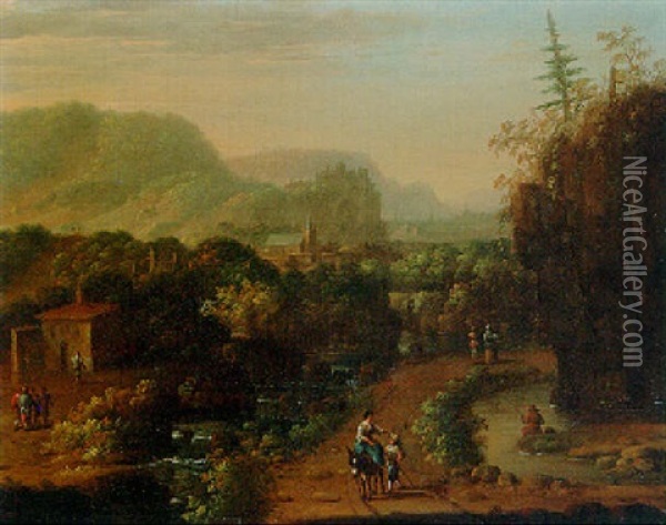A Rhenish Landscape With Peasants On Paths By A Church Oil Painting - Herman Saftleven