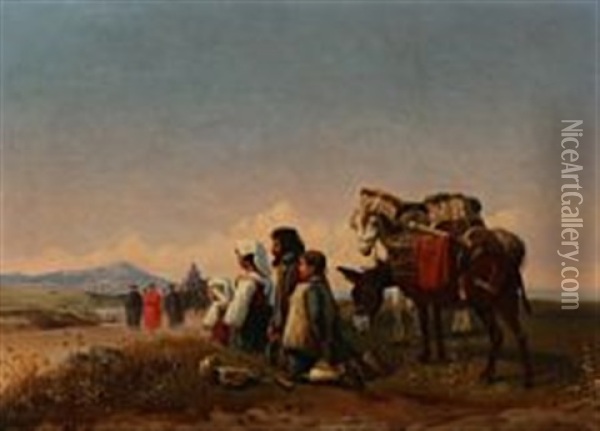 A Group Of Travellers Are Kneeling While A Procession Is Passing Oil Painting - Simon Simonsen