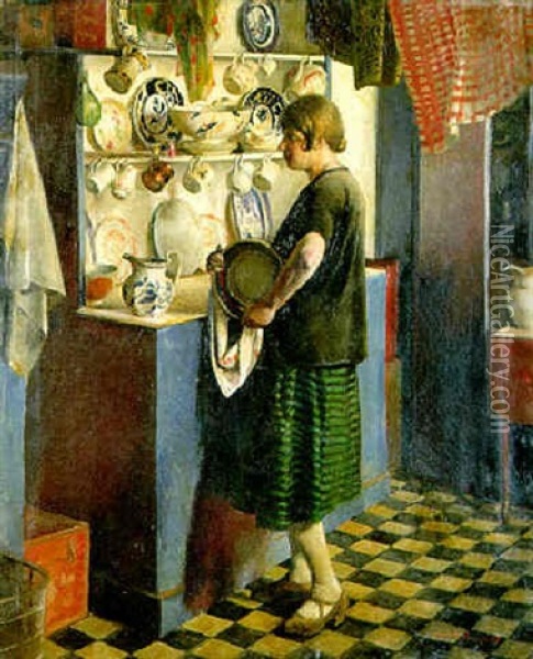 Gertrude In The Kitchen At Maen Cottage, Newlyn Oil Painting - Harold Harvey