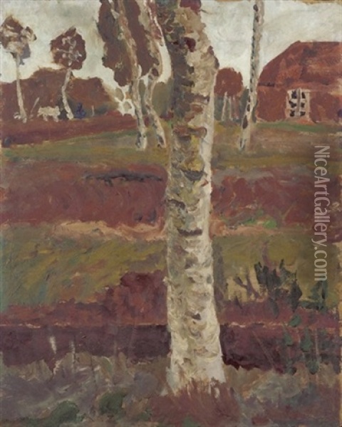 Birkenstamm Am Moorgraben Vor Landschaft Mit Haus Oil Painting - Paula Modersohn-Becker