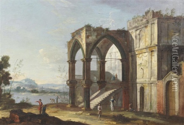 An Architectural Capriccio With Figures Before An Arch Oil Painting -  Master of the Langmatt Foundation Views