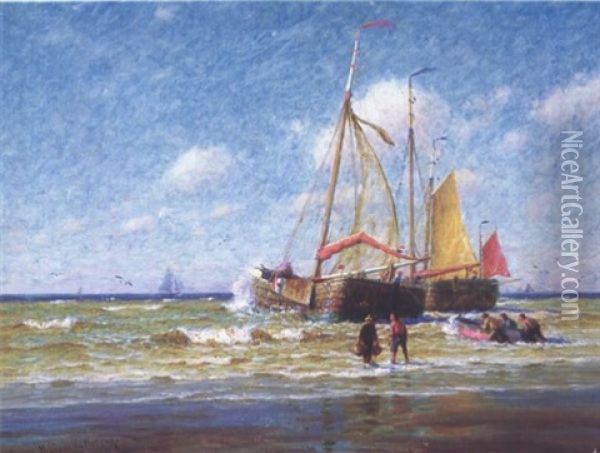 Fishing Boats On The Beach, Katwijk, Holland Oil Painting - William Edward Norton