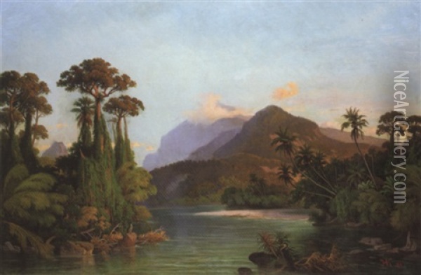 A Bay With Mountains Beyond, Ceylon Oil Painting - Hermann Reichsfreiherr von Koenigsbrunn