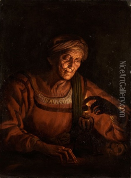 Alte Frau Bei Betrachtung Eines Geldstucks Oil Painting - Mathaeus Stomer the Elder