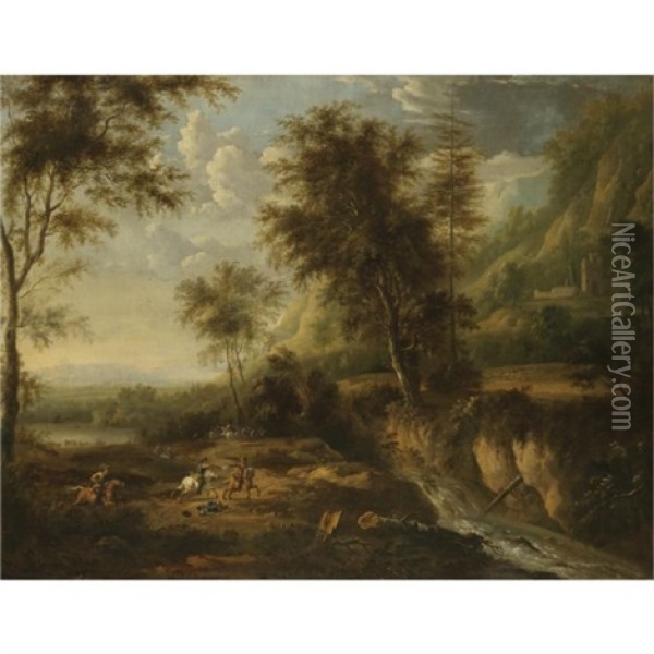 A Military Skirmish In An Expansive Wooded River Landscape Oil Painting - Jan van Huchtenburg