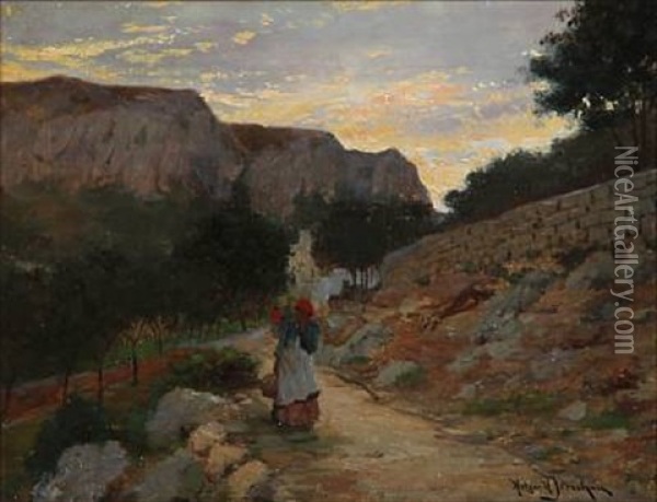 An Italian Woman On A Mountain Road At Evening Oil Painting - Holger Hvitfeldt Jerichau