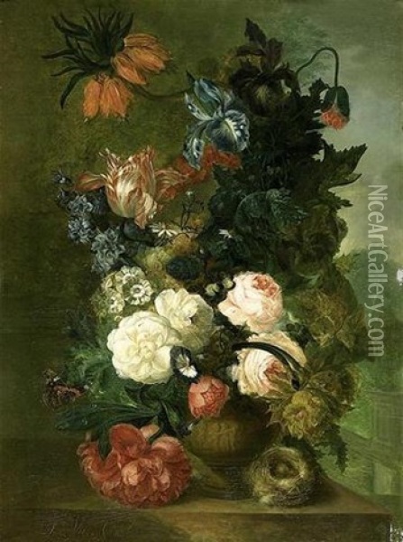 Vase De Fleurs Et Nid D'oiseaux Sur Un Entablement Oil Painting - Jan van Os