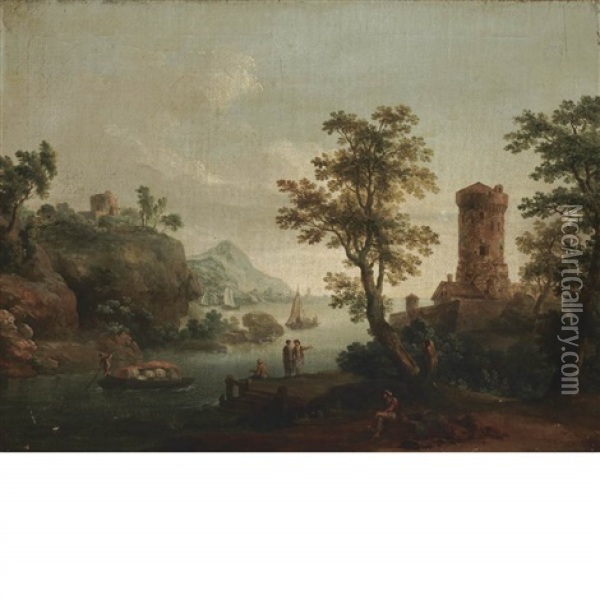 River Landscape With Figures And A Tower Oil Painting - Carle Vernet