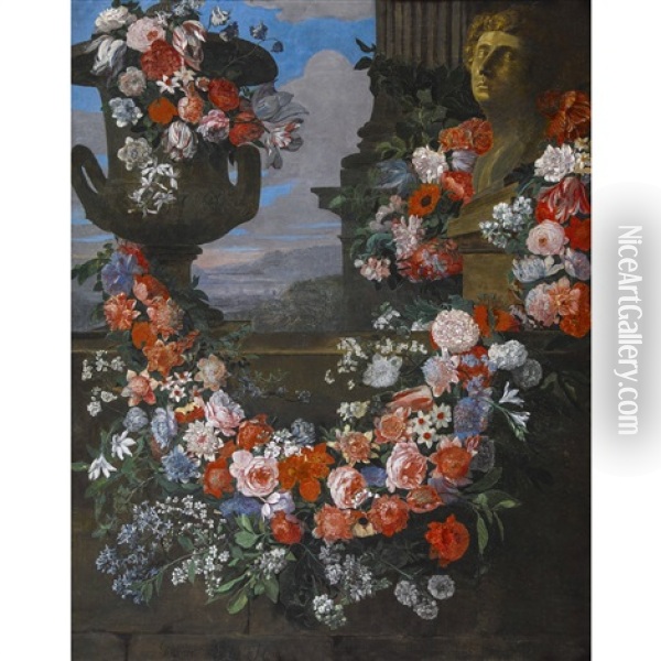 Stillleben Mit Blumengirlande, Kratervase Und Buste Oil Painting - Hieronymus Galle the Elder