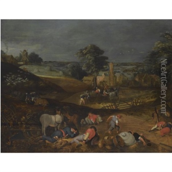 Landscape With Peasants Harvesting, While Others Rest In The Foreground, Or The Devil Sewing Tares Oil Painting - Pieter Balten