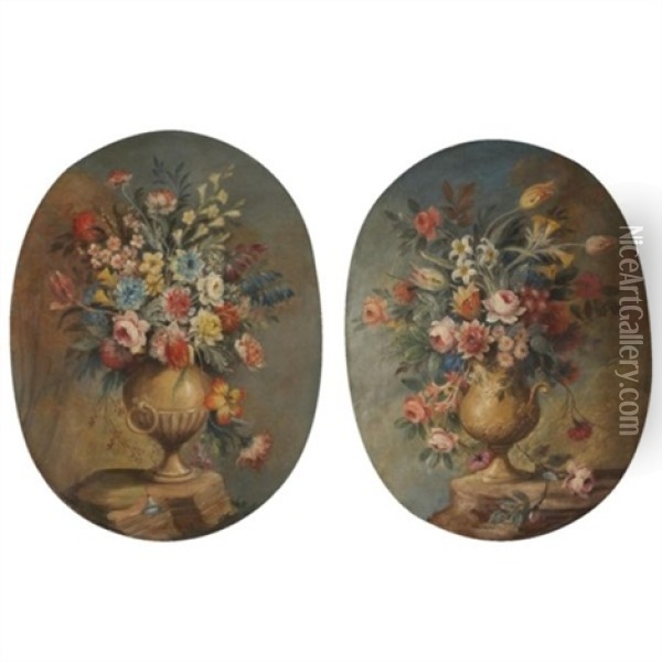 Still Lifes With Various Flowers In Stone Urns (pair) Oil Painting -  Pseudo Guardi
