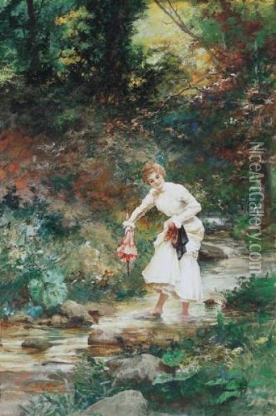 On The Stream Bank Oil Painting - Antal Neogrady