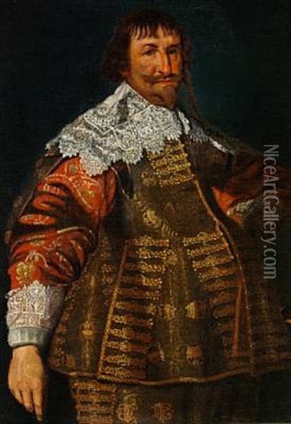 King Christian Iv In A Red Brocade Dress With A Large Lace Collar And Cuffs Oil Painting - Remmert Pierttersz