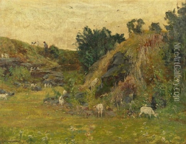 Landschaft Mit Einem Hirten Und Weidenden Ziegen (+ Blick Auf Idyllischen Dorfteich Mit Enten; 2 Works) Oil Painting - Karl Langhammer