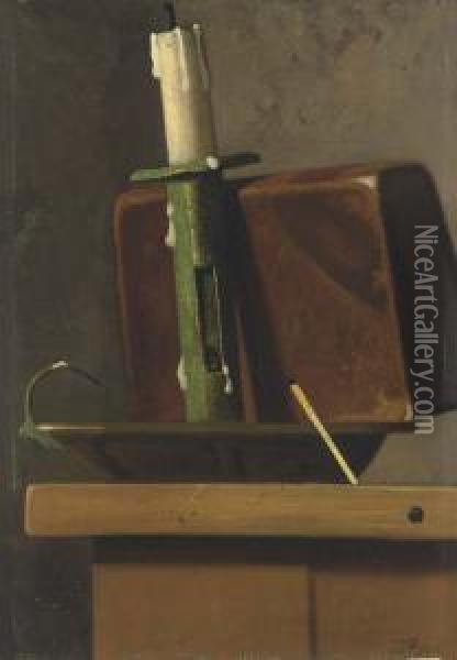 Sill Life With Candlestick, Book And Match Oil Painting - John Frederick Peto