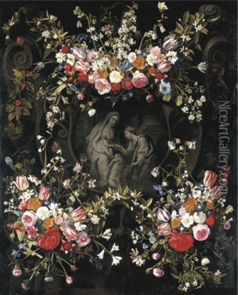 The Mystic Marriage Of Saint Catherine Within A Cartouche Surrounded By Garlands Of Narcissi, Peonies, Roses, Tulips, Columbine... Oil Painting - Daniel Seghers