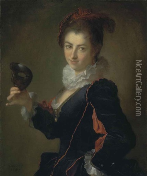 Portrait Of A Lady, A L'espagnole, Holding A Black Mask In Her Right Hand Oil Painting - Alexis Grimou